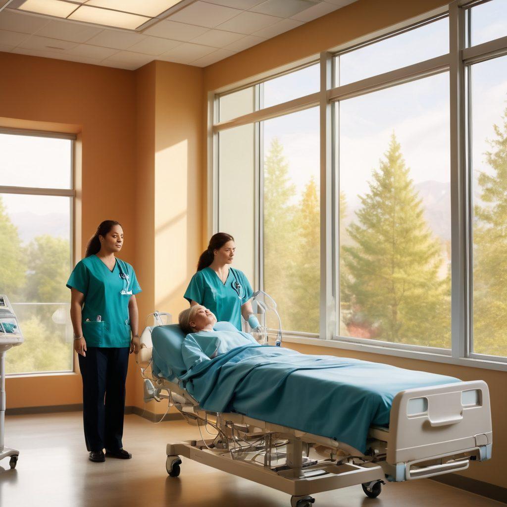 A serene healthcare environment showcasing a diverse group of healthcare professionals engaging empathetically with patients undergoing dialysis treatment. The image captures moments of compassion and support, featuring modern medical equipment and comforting surroundings, emphasizing patient-centered care principles. Soft natural light filters through a window, symbolizing hope and healing. super-realistic. vibrant colors. soft-focus background.
