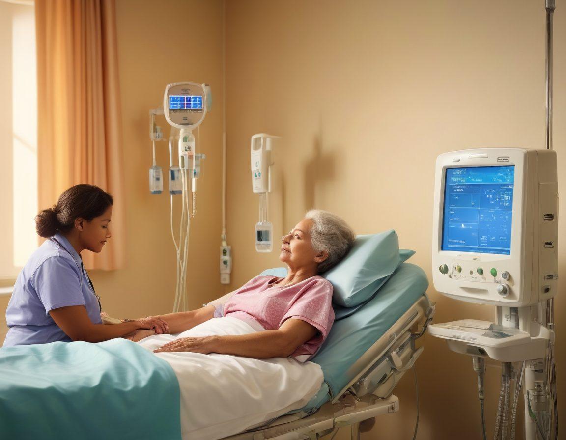 A serene hospital room setting showing a dialysis machine beside a compassionate medical professional attending to an elderly patient, with a gentle light illuminating their faces. In the background, infographics showcasing medical ethics and patient rights are subtly integrated into the scene. Emphasize hope and care through warm colors and soft textures. super-realistic. vibrant colors. soft lighting.